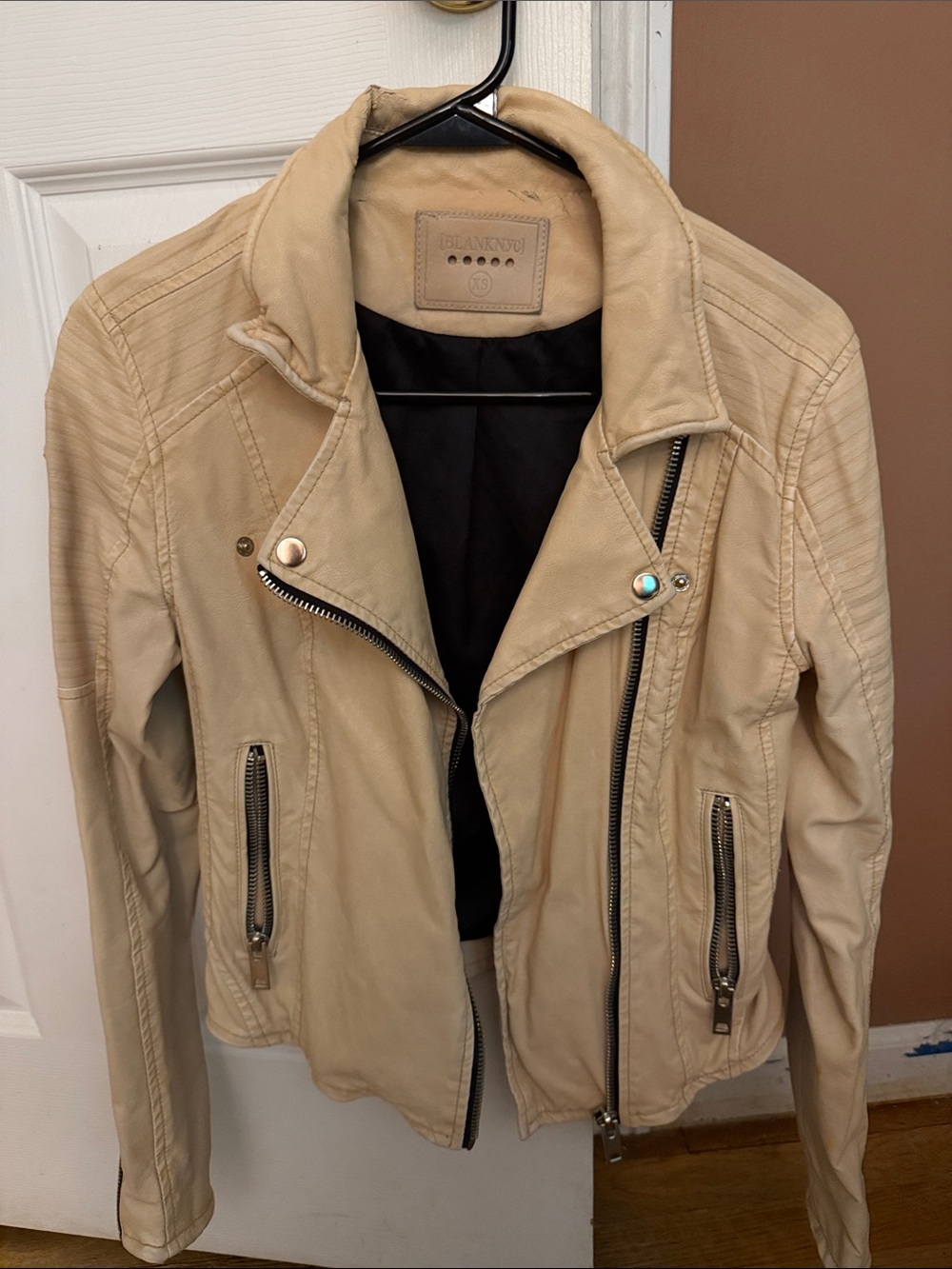 Blank NYC Beige Moto Leather Jacket with Zip Details